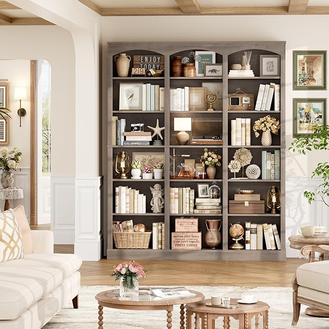 71" Triple Wide Bookshelf, 6 Tier Tall Bookshelf, Large Bookcase with Curved Baffle, 63.4" Wide Book Shelf with 18 Open Display Shelves for Living Room, Study, Gray