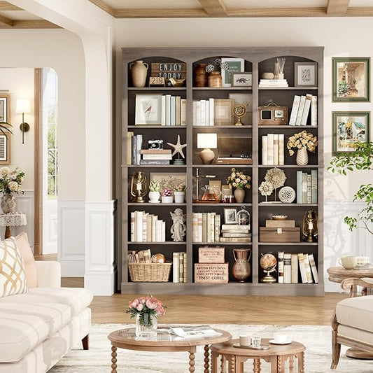 71" Triple Wide Bookshelf, 6 Tier Tall Bookshelf, Large Bookcase with Curved Baffle, 63.4" Wide Book Shelf with 18 Open Display Shelves for Living Room, Study, Gray