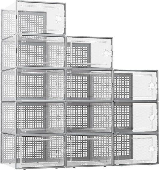 Kuject XX-Large Shoe Storage Boxes Organizers Clear Plastic Stackable 12 Pack, Shoe Rack & Holder Substitute, Sneaker Containers, Toy Storage Organizer Bins for Entryway, Closet, Under Bed, Grey