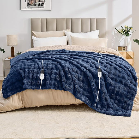 Heated Blanket Electric Throw Blanket 84''X 90''-Heating Blanket with 6 Heat Settings-4/10 Hours Auto Off,Cozy Faux Rabbit Fur Bubble Electric Blanket,Navy Blue