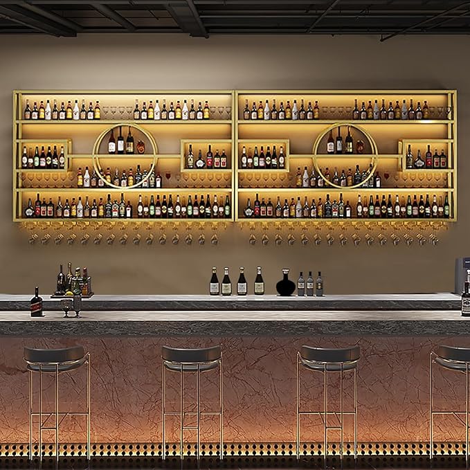 126in Large Wall Mounted Wine Rack, Modern Metal Wine Bottle and Glass Holder, 4-Tiers Liquor Bottles Floating Shelves Display Storage for Home Bar &amp; Dining Room Decorative (GOLD, 126 * 8 * 51INCH)