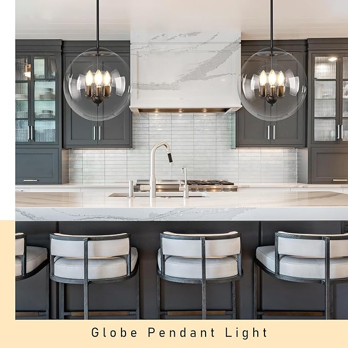 13.7" Globe Pendant Light 3-Light Black Mid Century Pendant Light Clear Glass Lights Kitchen Island Mid Century Adjustable Hanging Farmhouse Globe Fixtures for Living Room Lobby