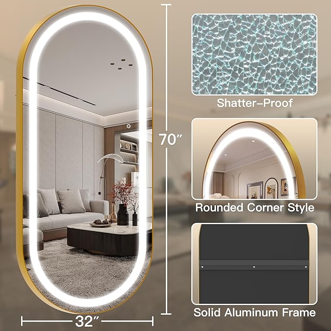 FENNIO 70" x 32" Large Luxury Wall Mounted Mirror with LED Lights - Oval Full Length LED Lighted Full Body Dressing Mirror for Bedroom, Salon, Brushed Aluminum Frame, Tempered Glass