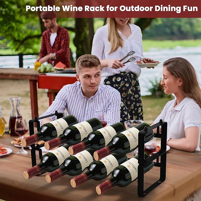 Small Wine Rack for 8 Bottles – Expandable &amp; Stackable Metal Wine Rack for Cabinet, Countertop, Floor, or Small Spaces – Compact Wine Storage Shelf for Kitchen, Bar, or Pantry (2 Tier, Black)