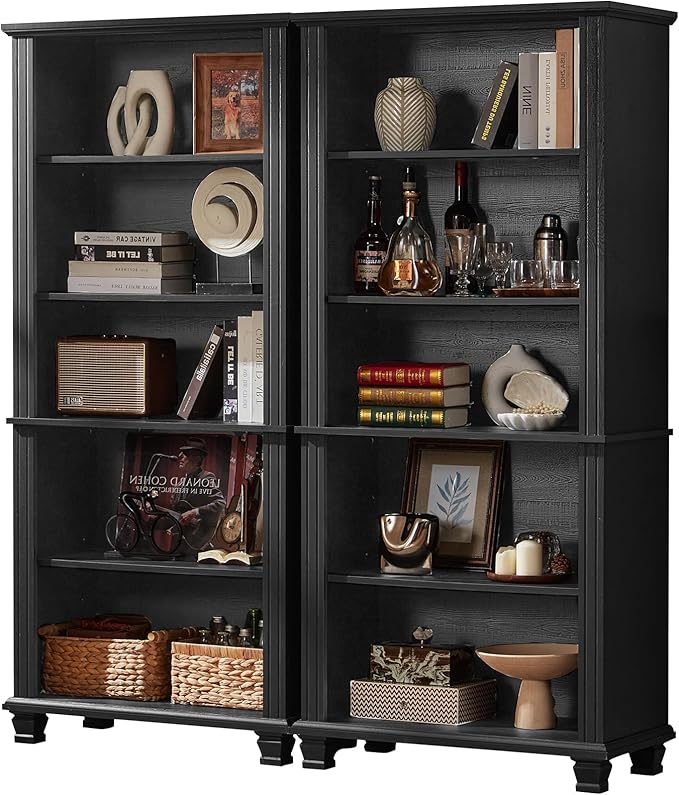 70" Tall Black Bookshelf,5 Tier Wooden Book Shelf with Adjustable Shelves &amp; Wood Legs,Free Standing Farmhouse Bookcase with Open Display Storage,Vintage Bookshelfs for Living Room, 2PCS