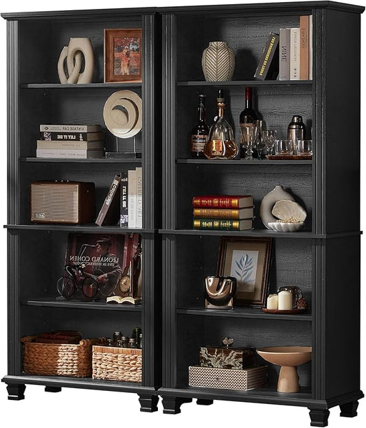 70" Tall Black Bookshelf,5 Tier Wooden Book Shelf with Adjustable Shelves &amp; Wood Legs,Free Standing Farmhouse Bookcase with Open Display Storage,Vintage Bookshelfs for Living Room, 2PCS