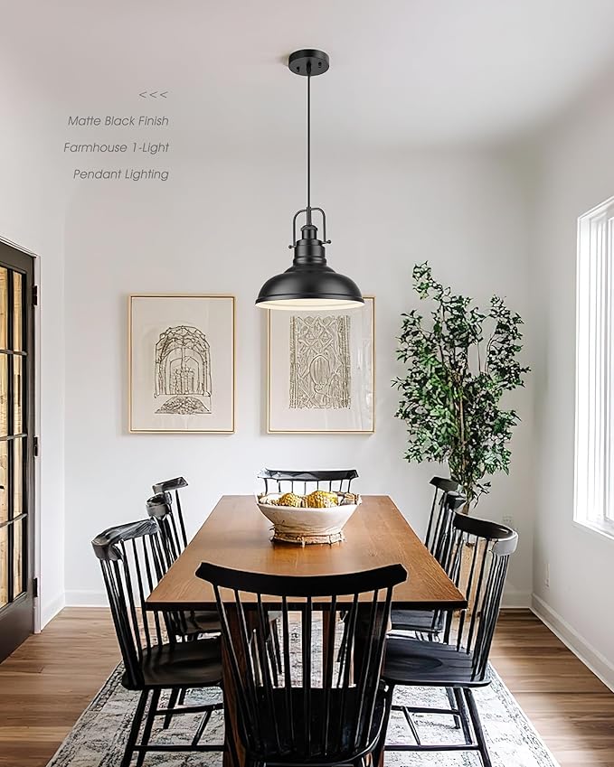 zeyu 1-Light Industrial Pendant Light, 11-Inch Pendant Light Fixture for Kitchen Island, Metal Dome Lampshade in Matte Black Finish, 016-1 BK