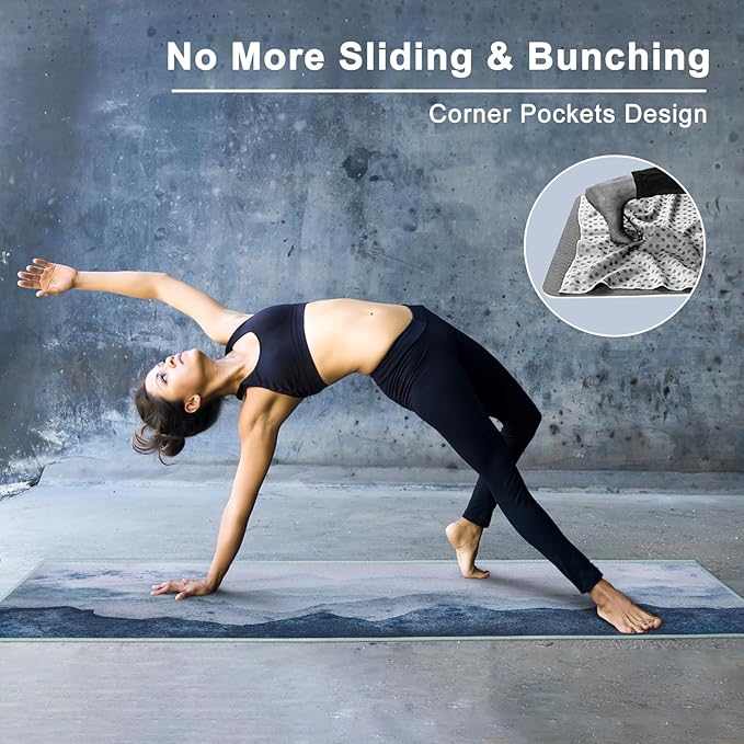 QiyI Yoga Mat Towel with Corner Pockets, Non Slip Sweat Absorbent Hot Yoga Towels, Soft Yoga Blankets with Travel Bag, Skidless Mat Cover for Workout, Gym, Fitness - 70"x26", Watercolor Mountain