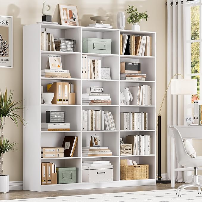 White Bookcase with 18 Display Shelves, Triple Column Book Case, 2PC 6 Tier Large Bookshelf, Freestanding Storage Shelf for Bedroom Living Room Home Office