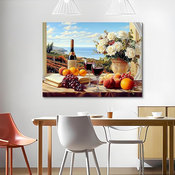 superbpag - Kitchen Still Life Canvas Wall Art, Fruit Grapes Wine Bottles Food Dining Room Wall Art, Contemporary Kitchen Vintage Canvas Print Oil for Living Room Home Decor 24x18 Inch