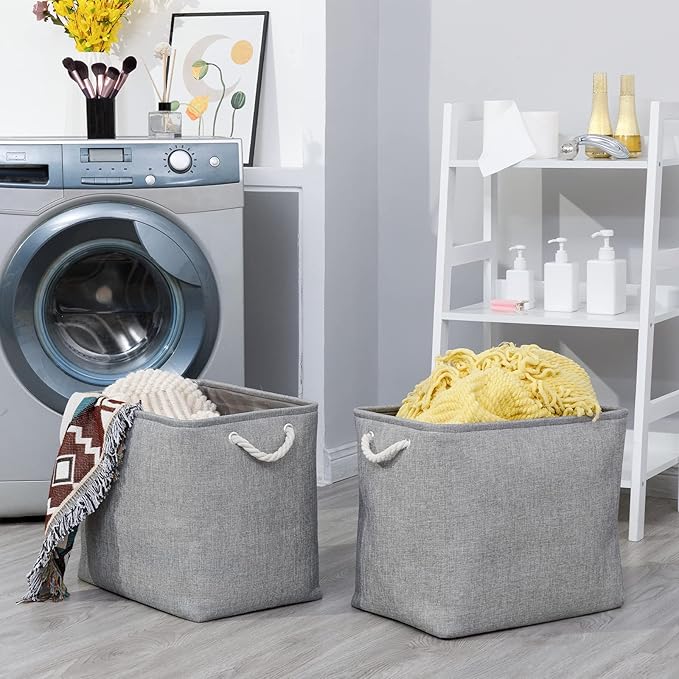 Bidtakay Collapsible Storage Bins for Clothes Large Gray Storage Baskets with Cotton Handles 17x12x15 In Set of 2 Fabric Cubby Storage Bins Livingroom Home Decorative Storage Organizer for Blankets