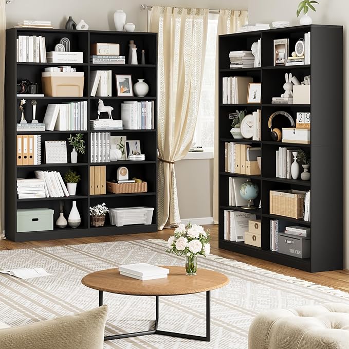 Bookshelf and Bookcase, 6-Tier Double Wide Bookshelfs, Freestanding Display Storage Shelves, Tall Bookcases for Home Decor Bedroom, Living Room, Home Office,Black
