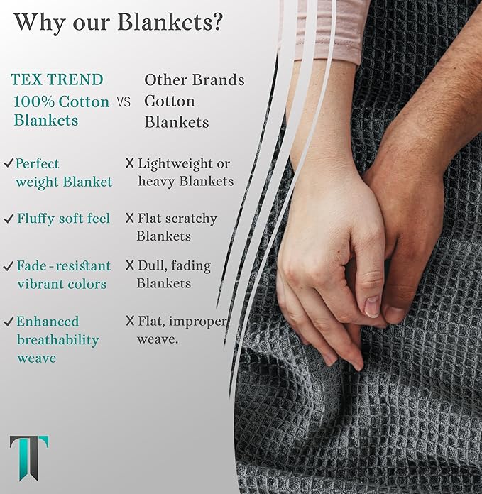 Tex Trend 100% Cotton Blankets King Size – Durable and Versatile Waffle Weave Blankets for Year Round Coziness – Breathable &amp; Lightweight - Gray (90”x108”)