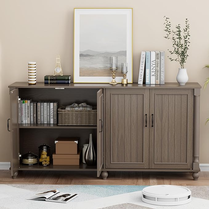 Scurrty 62'' Coffee Bar Cabinet Kitchen with Storage, Buffet Cabinet with Storage, Sideboard Buffet for Dinning Room, Kitchen & Living Room (4 Doors, Brown)