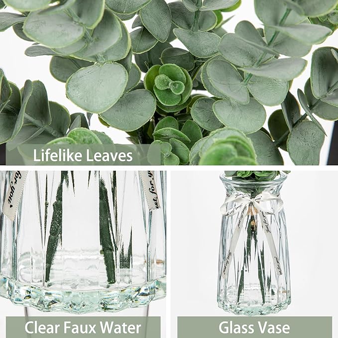 Hollyone Artificial Eucalyptus Stems in Glass Vase with Faux Water, 20.4" Fake Plant Eucalyptus Leaves Faux Greenery Branches for Home Office Farmhouse Bathroom Wedding Centerpiece Decor