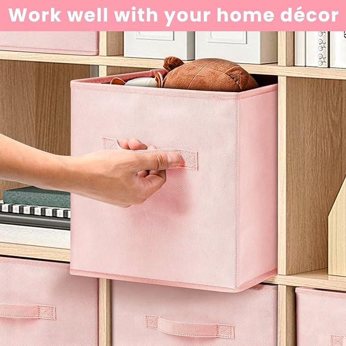 Criusia Storage Cubes - 11 Inch Heavy Duty Fabric Storage Bins for Shelves Closet, Cube Organizer - 8 Pack Collapsible Cube Storage Bins Baskets for Organizing Clothes Blankets Toys (Pink)