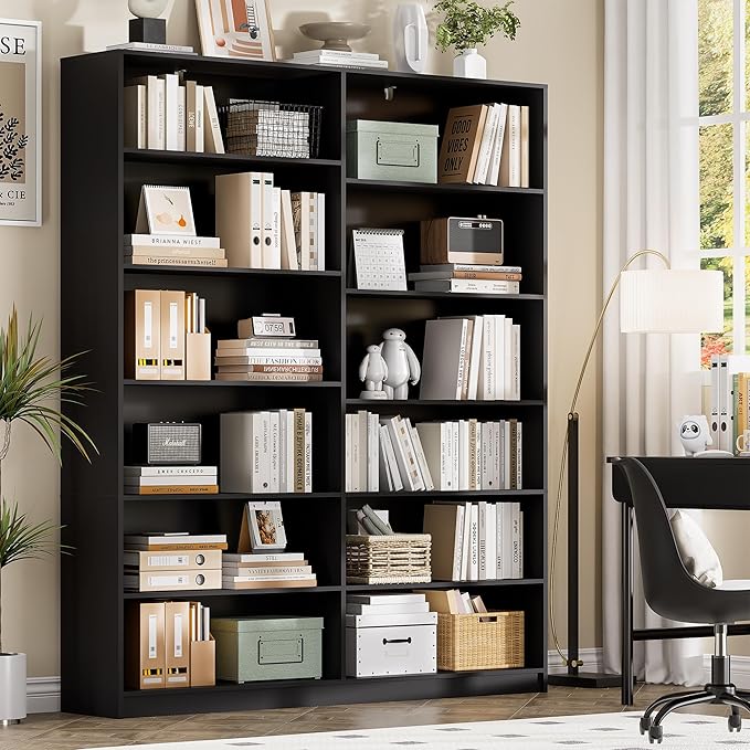 Black Bookcase, Bookshelf with 12 Open Shelves, Freestanding Display Storage Shelves, Book Case Home Library Bookcase for Living Room Bedroom Office 2PC
