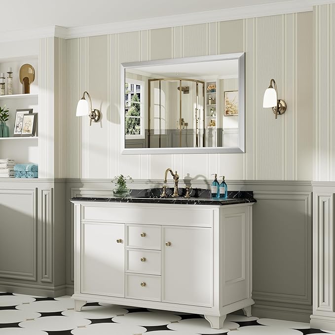 48x32 Inch Silver Bathroom Mirror for Wall, Thick Metal Framed Rectangle Mirrors for Over Sink, Bedroom, Living Room, Entryway, Anti-Rust, HD Tempered Glass