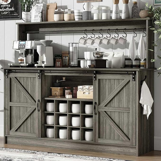 4ever2buy Farmhouse Coffee Bar Cabinet with 8 Hooks, 55” Kitchen Hutch Cabinet with Storage, Gray Coffee Bar with Sliding Barn Doors and 12 Racks for Living Dining Room, Wash Gray