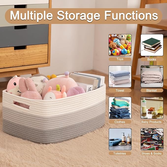 Large Storage Basket for Organizing, Woven Rope Basket for Shelves, Closet Organizer Bins for Clothes, Blanket, Toys, Baby Nursery Storage, 17.7" x 13" x 7.87", 3 Packs Gradient Gray