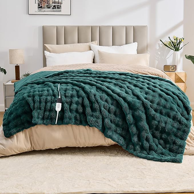 Heated Blanket Electric Throw Blanket 62''X 84''-Heating Blanket with 6 Heat Settings-4/10 Hours Auto Off,Cozy Faux Rabbit Fur Bubble Electric Blanket,Dark Green