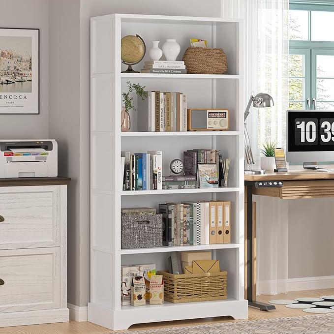 TVU 5-Tier Wooden Book Shelf, 65" Tall Bookshelf with Storage, Floor-Standing Display Bookcase, Farmhouse Style Bookshelf with Arched Base, Suitable for Living Room, Study, Office, White