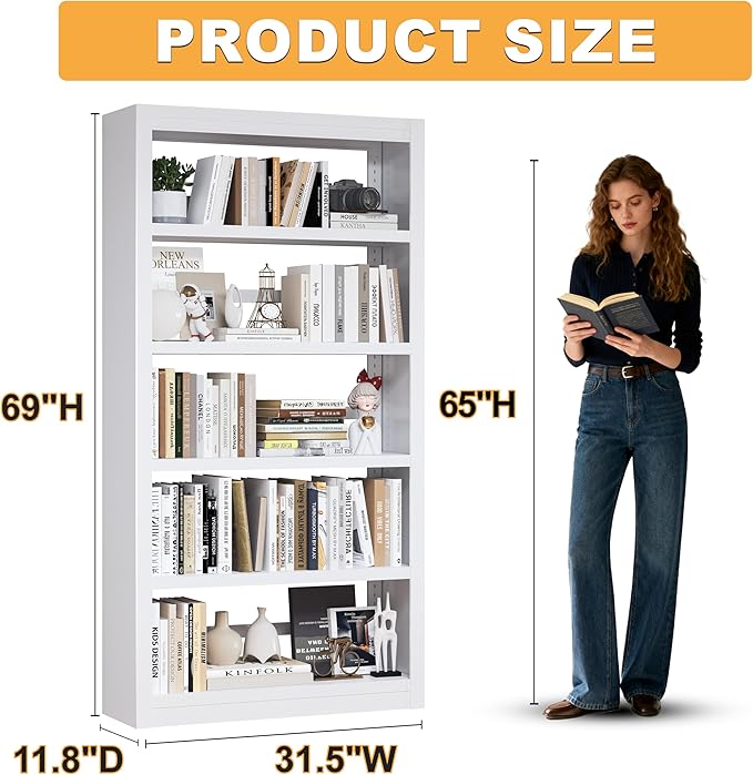 69" H Bookshelf, Metal Bookcase, Standing Heavy Duty Book Shelf, 5 Tier Bookshelfs with Adjustable Shelves for Living Rooms, Home Offices, Library, 10 Minutes Assemble