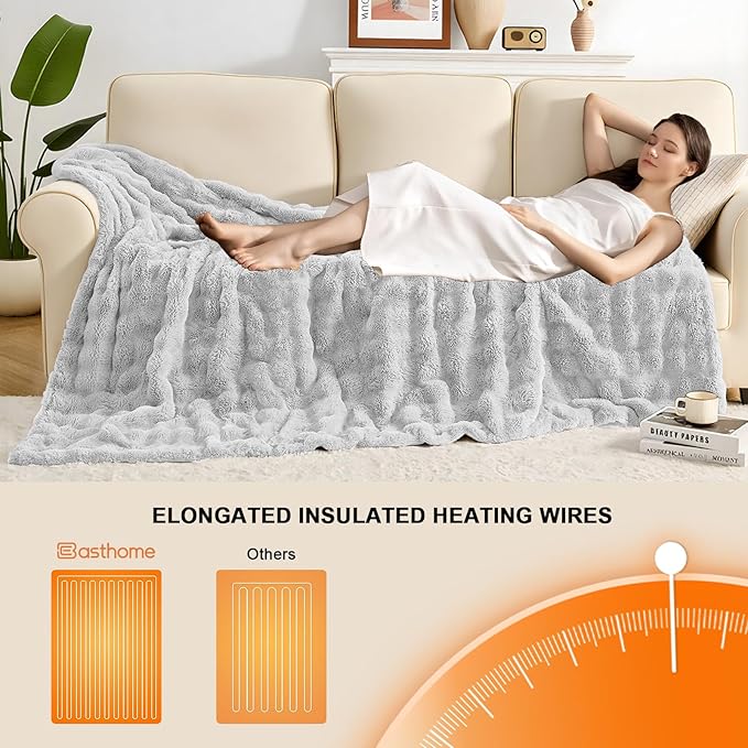 Heated Blanket Electric Throw Blanket 62''X 84''-Heating Blanket with 6 Heat Settings-4/10 Hours Auto Off,Cozy Faux Rabbit Fur Bubble Electric Blanket,Light Gray