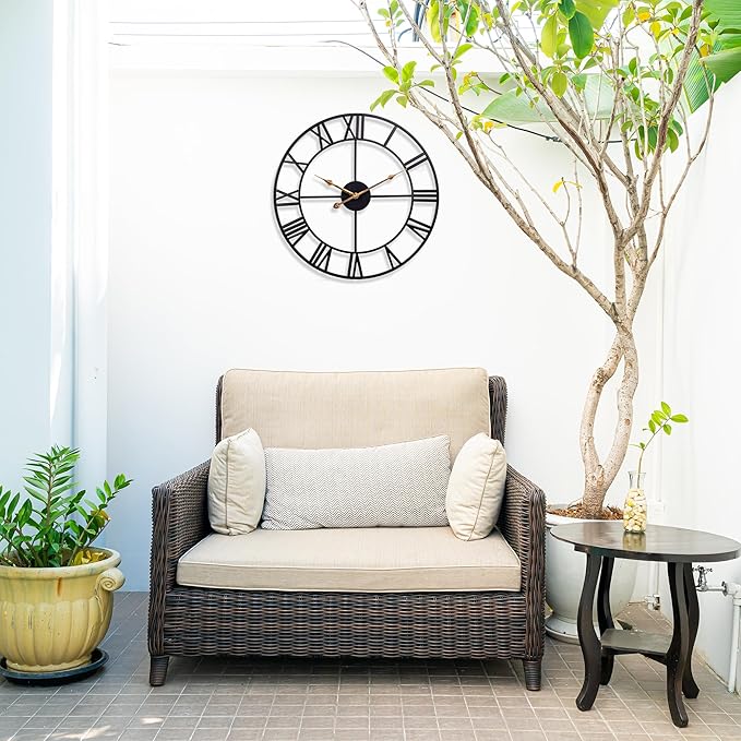 16 Inch Large Outdoor Wall Clock, Black Metal Modern Minimalist Battery Operated Silent Clock for Patio, Pool, Garden, Living Room, Kitchen, Office, Bedroom Decor with Easy to Read Numbers