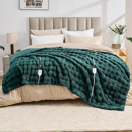 Heated Blanket Electric Throw Blanket 84''X 90''-Heating Blanket with 6 Heat Settings-4/10 Hours Auto Off,Cozy Faux Rabbit Fur Bubble Electric Blanket,Dark Green