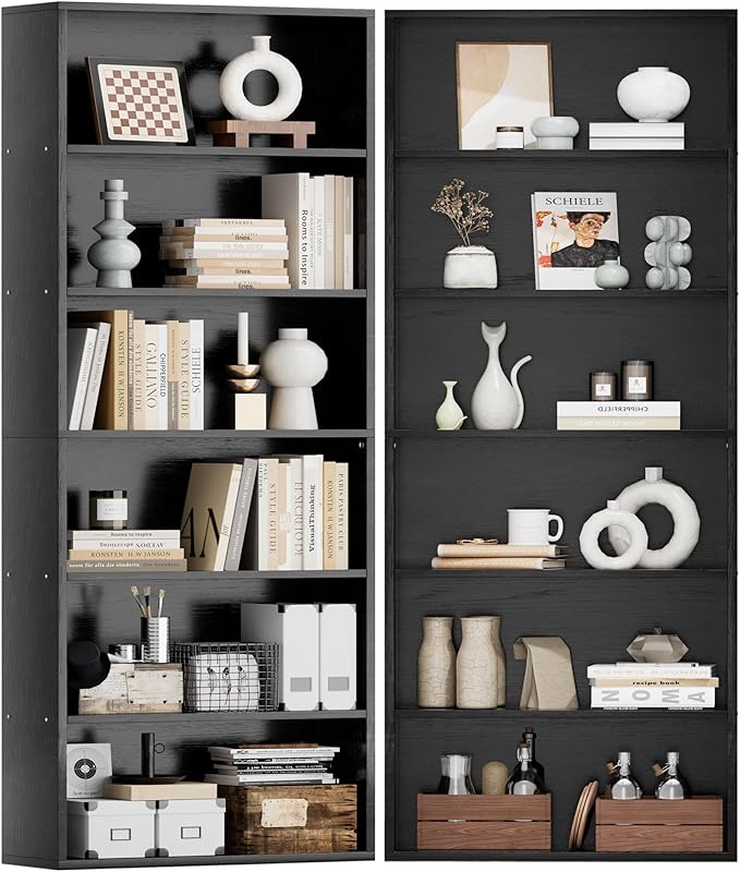 JAMFLY Open Bookshelf and Bookcase Set of 2, 6 Shelf Storage Shelves Tall Bookcase for Bedroom, Living Room and Office, Black
