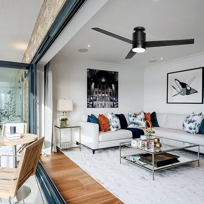 52'' Ceiling Fans with Lights Remote Control: Black Flush Mount Ceiling Fan for Bedroom - Quiet Low Profile Ceiling Fan 6 Speed ​​&amp; LED Light