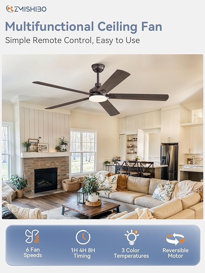 ZMISHIBO 60" Ceiling Fans with Lights, Oil Bronze Farmhouse Ceiling Fan with Remote, Rustic Indoor Ceiling Fan with Dual Finish Blades, Quiet & Strong Motor, Bright LED Light.