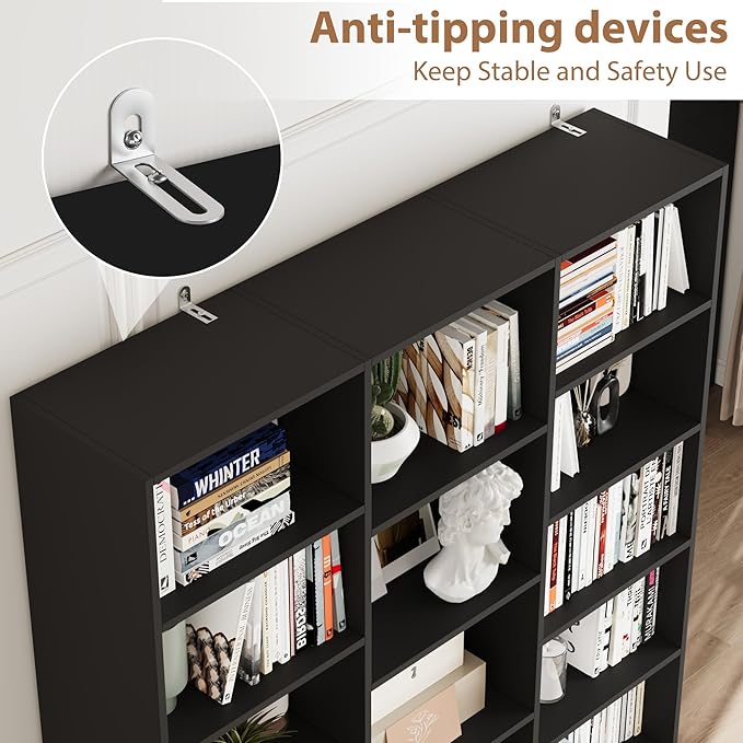 Triple Wide Bookshelf, 6 Tier Large Bookshelf, Bookcase with 17 Open Display Shelves, 74'' Tall Bookcases and Bookshelfs for Living Room, Home Office, Library, Black