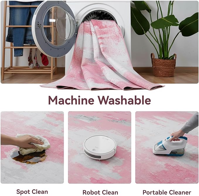 Kelarea Pink Nursery Rug for Baby Girl, 8x10 Modern Abstract Washable Rugs for Kid's Bedroom, Low Pile Non Slip Large Carpet for Dorm, Living Room, Kids Playroom