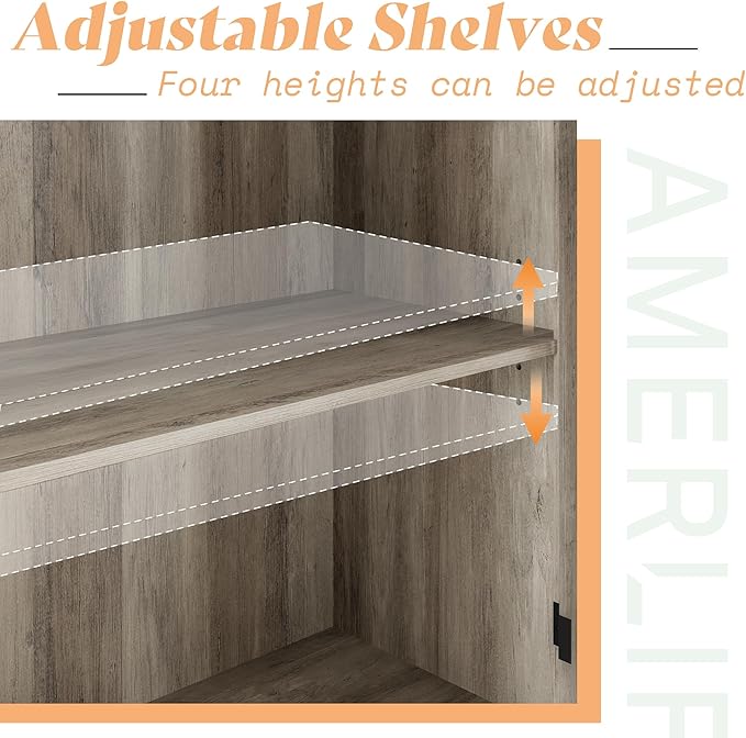 AMERLIFE Farmhouse 63" Buffet Sideboard Cabinet with Glass Door, Large Storage Cabinet with Adjustable Shelf, Wooden Coffee Bar Station for Kitchen, Dinning Room, Rustic Gray