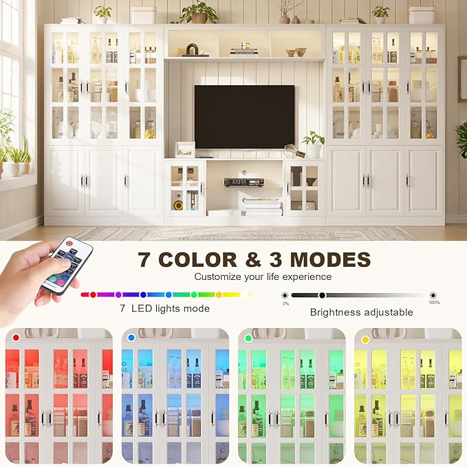 MEISSALIVVE 4-Piece Wall Unit TV Stand with Storage & LED Lights for TVs up to 75", Modern Entertainment Center with Bookshelves & 6-Door Pantry Cabinet, White