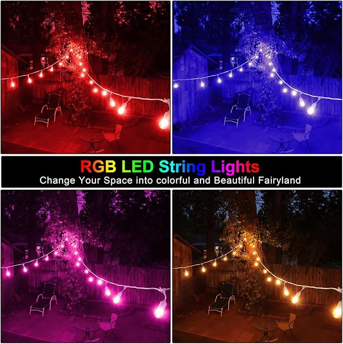 Mlambert 48FT Outdoor Patio Lights, 6 Lighting Modes RGB Cafe String Lights with 15 Dimmable LED Shatterproof Bulbs for Deck Porch Gazebo-White 1 Pack