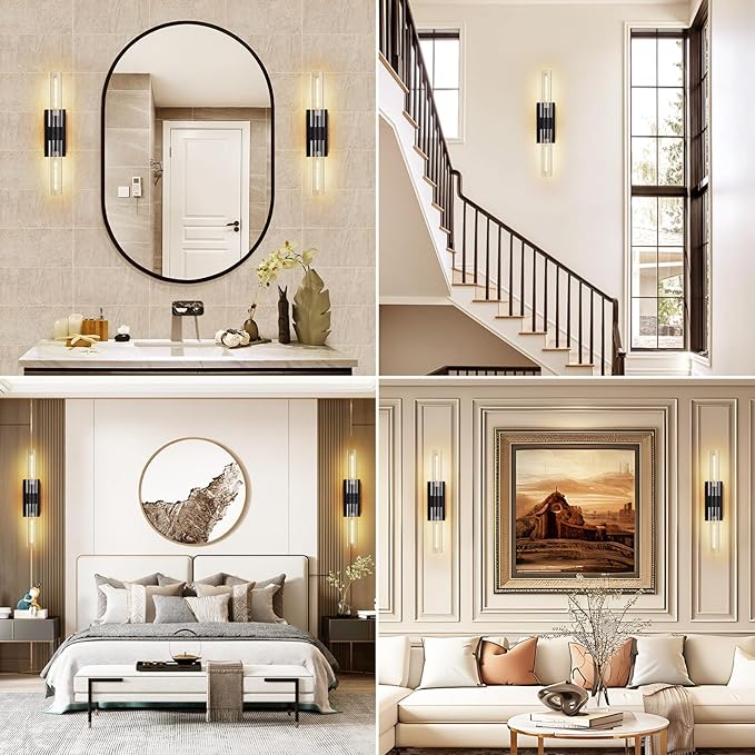 Bathroom Vanity Light Fixtures Wall Sconces, 22.8" Sconces Wall Lighting 2-Light, Black Glass Lamp, Glass Vanity Lights, Indoor Wall Lamps for Bedroom Bedside Living Room Hallway