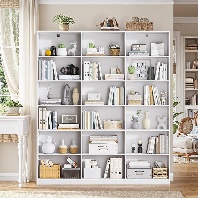 White Bookcase with 18 Display Shelves, Triple Column Book Case, 1PC 6 Tier Large Bookshelf, Freestanding Storage Shelf for Bedroom Living Room Home Office