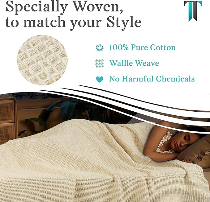 Tex Trend 100% Cotton Blanket – Soft and Breathable Twin XL Ivory Waffle Blanket – All Season Comfort – Suitable for Bed Layering, Sofa, Couch - Ivory (60”x90”)