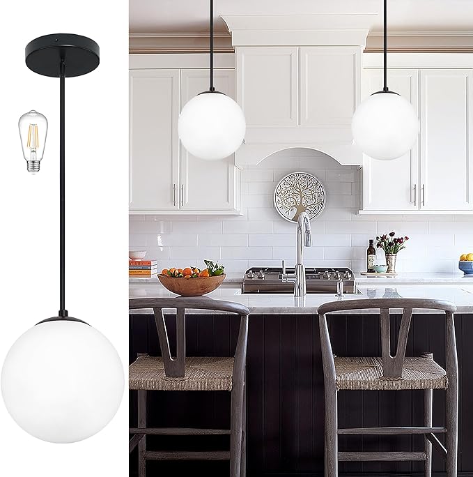 10 Inch Globe Pendant Light Contemporary Globe Pendant Lights Black Mid Century Pendant Light Adjustable Hanging Light Fixture Matte Black Finished with Milk Glass Lampshade for Kitchen Island