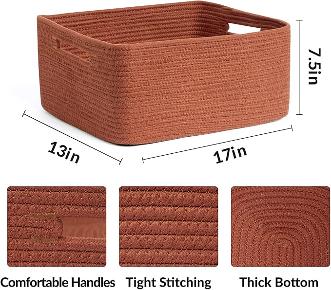 Large Storage Baskets for Shelves, Closet Organizers Bins for Clothes Blanket Towels, Baby Nursery, Toy Baskets Box, Woven Rope Baskets, 17 x 13 x 7.5”, 2 Packs Oxide Red