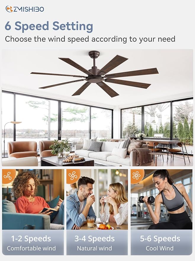 ZMISHIBO 62 Inch Ceiling Fan No Light with Remote Control, 8 Blades Quiet DC Reversible Motor, 6-Speed, Timer, Oil Rubbed Bronze Finish, Indoor Outdoor Ceiling Fans for Patios, Living Room, Garage