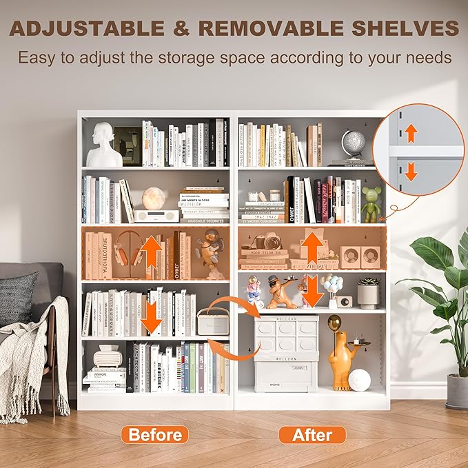 Book Shelf Organizer, Metal Bookshelves Adjustable, 5 Tier White Bookcase, Heavy Duty Open Bookshelf for Office, Living Room, Library, Bedroom, 55" Tall