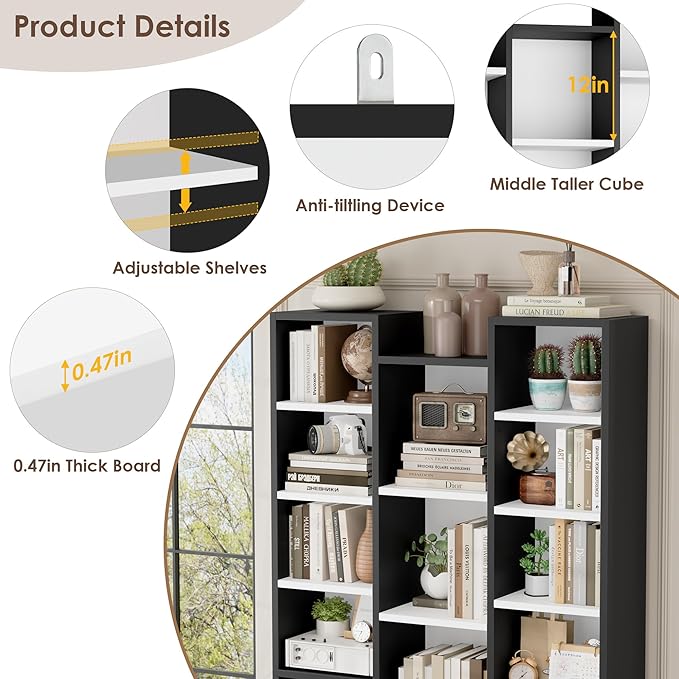 FOTOSOK 71'' Tall Bookshelf, Triple Wide Bookshelf with Adjustable Shelves, 8 Tier Media CD DVD Storage Tower Rack, Diaplay Cabinet Shelf, Cube Storage Organizer Shelf for Home Office, White/Black