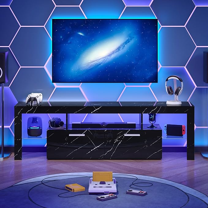 65.7 inch Modern High Gloss LED TV Stand with Storage for 50 55 60 65 70 75 inch TV, Gaming Entertainment Center for PS5, TV Cabinet with Glass Shelves for Living Room, Bedroom, Black Marble