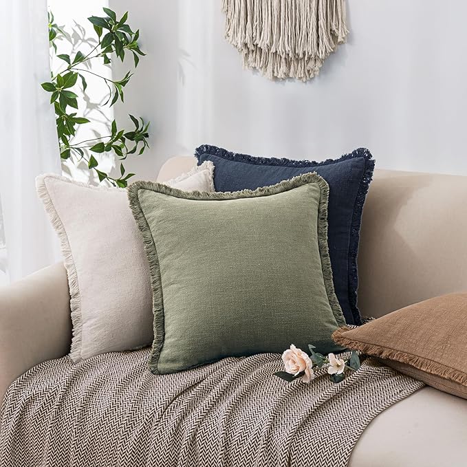 Woaboy Set of 2 Decorative Linen Fringe Throw Pillow Covers Boho Farmhouse Cushion Covers Accent Pillowcases with Tassels Christmas Home Decor for Livingroom Couch Sofa Bed,22x22 Inch,Olive Green