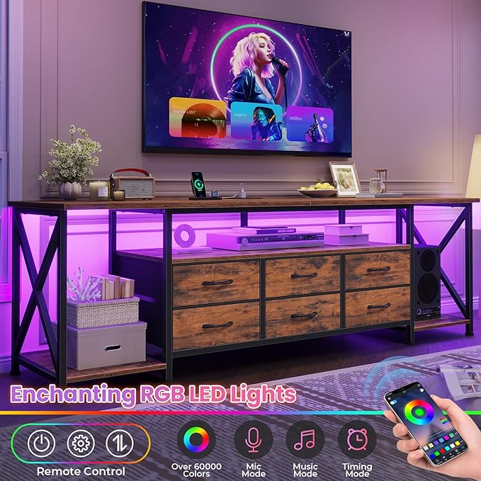 BTHFST TV Stand with LED Lights & Power Outlets, for TVs up to 80 Inches, 6 Drawers Entertainment Center with Open Storage Shelves, 63" TV Media Console Table for Living Room, Bedroom, Rustic Brown