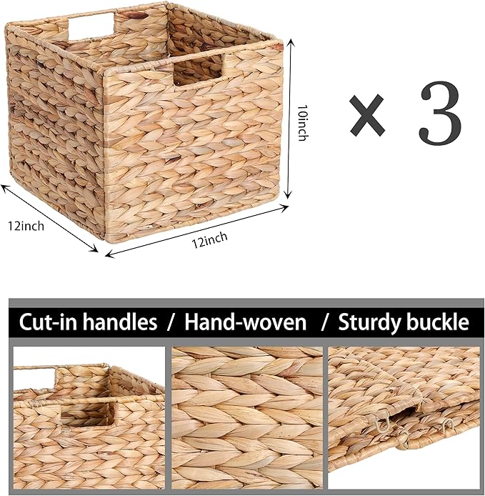 12x12x10 Water Hyacinth Storage Basket Large, Folding Cube Woven Wicker Storage Basket for Shelves, Pantry Baskets Organization and Storage, Kitchen Storage Baskets, Large Rattan Basket Set of 3
